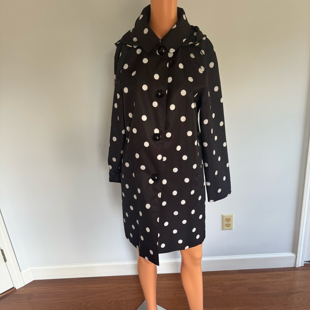 Kate Spade Black and White Polka Dot Trench Coat with Pink Trim - Size S